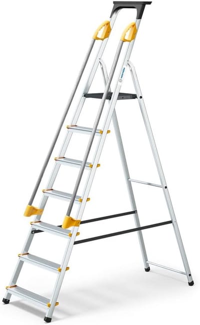 SnelShoppen - Veilige trapladder 7 treden met hellingen, gereedschapshouder, inklapbaar aluminium, platformhoogte 140 cm, ideaal voor keuken, tuin en