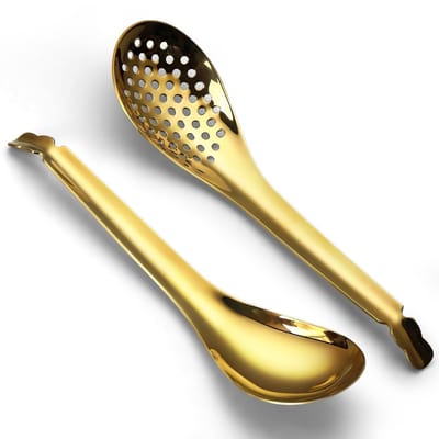 Dailygoods - AOOSY 2 stuks gouden roestvrijstalen soeplepels en serveerlepel, kaviaarlepel voor soep, opscheplepel kleine lepel met sleuf diner gebruiksvoorwerpen voor thuis keuken restaurant buffet