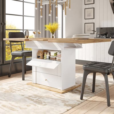 MODENUIT Eettafel - Uitschuifbaar Met Opbergruimte - Voor Keuken En Woonkamer - MDF - 110-140x80x75 Cm - Wit
