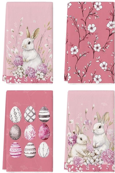 Mode Roze kapok hortensia hazen bladeren paaseieren Pasen keukendoeken theedoeken, 42 x 65 cm vlinder decor polyester handdoeken set van 4