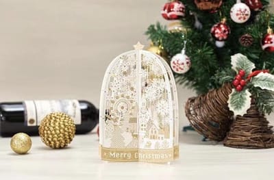 2 x 3D Pop up kerstkaart Merry Christmas met sneeuwvlokken en gouden kerststerren incl. enveloppen en 8 feestelijke sluitzegels