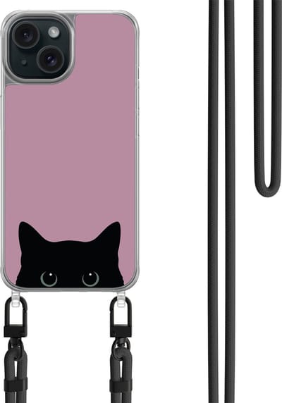 Hoesje met koord geschikt voor iPhone 15 - Zwarte kat - Inclusief zwart koord - Crossbody beschermhoes - Transparant, Roze - Mooie Telefoonhoesjes