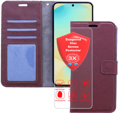 Bookcase Geschikt voor: Samsung Galaxy A36 Bruin - Portemonnee hoesje met 3x Glas Screen protector - Book Cover
