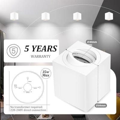 Witte vlakke opbouwspot met draaibare functie en GU10 fitting, 30° verlichting, 230 V