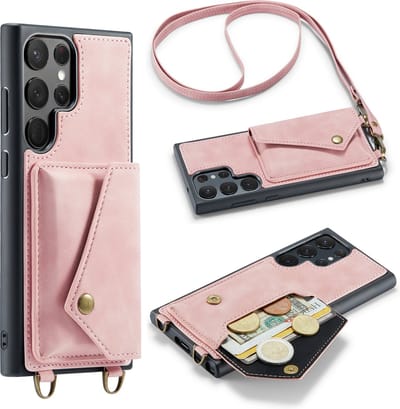 Casemania Hoesje Geschikt voor Samsung Galaxy S23 Ultra - Pale Pink - Luxe Backcover met Koord en Magnetische Sluiting - Portemonnee Wallet Case met Pasjeshouder en Opbergvak - Lanyard Telefoonhoes - Cord Case