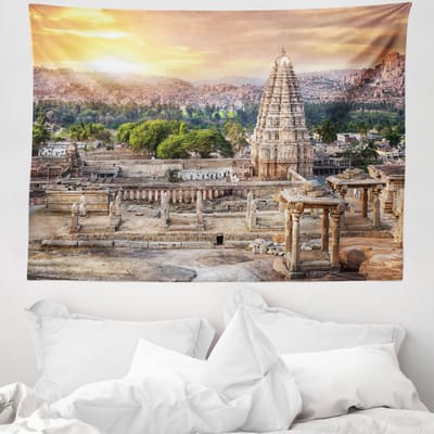 ABAKUHAUS Aziatisch wandtapijt, torentempel bij zonsondergang, 150 x 110 cm, crème oranje
