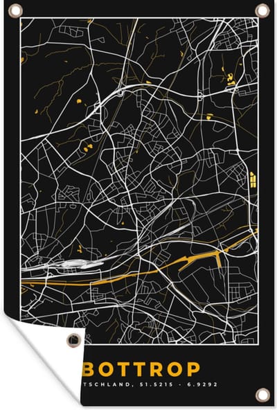 Muurdecoratie Bottrop - Stadskaart - Goud - Duitsland - Plattegrond - Kaart - Black and Gold - 120x180 cm - Tuinposter - Tuindoek