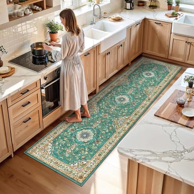 Famanu – Lopers - vloerkleden voor hal 80 x 300 cm vintage extra lange keukenlopers - antislip wasbare tapijtloper voor woonkamer - entree - wasruimte - slaapkamer - groen