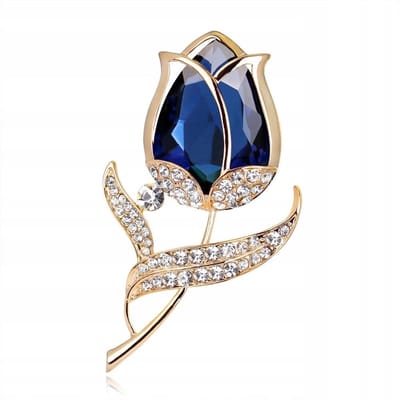 PINETS Flower - Broche - Roosvorm - Donkerblauw & Goud - Met Zirkonia's