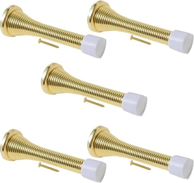Een set van 5 veerdeurstopper, met muurbevestigingen, plinten of deuren en schroeven.