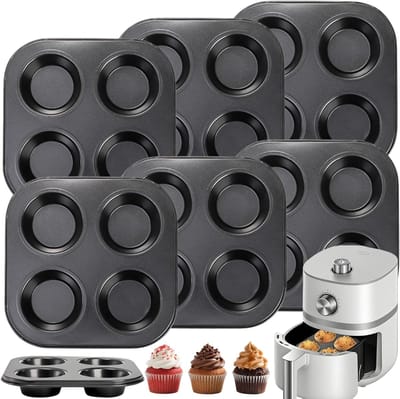 Muffinvormpjes Set - Bakvormen Keuken - Muffins Bakken - Antiaanbaklaag Koolstofstaal - 4 Kopjes Rond - Zwart