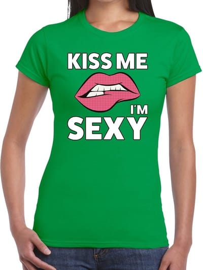 Kiss me i am sexy t-shirt groen dames - feest shirts dames S