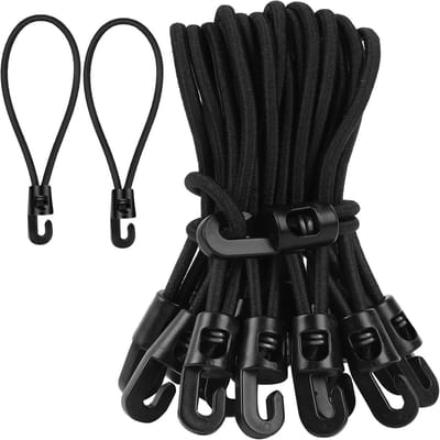 QTTVBTNA - Mini Elastische Koorden met Haak - Bindband - Flexibele Spanbanden - Tent, Camping, Tuin, Banner - Zwart - 10cm - 20 Stuks
