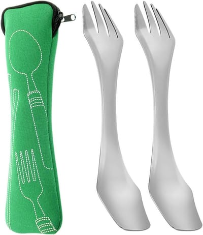 Ultralichte camping bestekset met 2 titanium vorken en lepels, inclusief opbergzak voor outdoor dineren, duurzaam en multifunctioneel