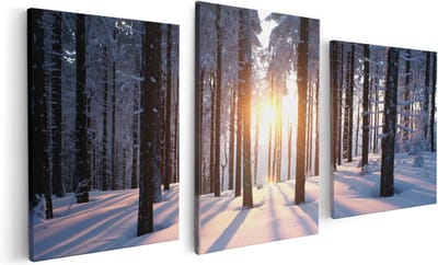 Artaza Canvas Schilderij Drieluik Bos Met Sneeuw Tijdens De Zonsondergang - 120x60 cm - Wanddecoratie Woonkamer - Schilderijen - Muurdecoratie