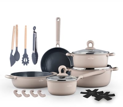 Swiss Haus® ZL3018BE Pannenset Inductie - 18 Delige Pannensets - PFAS Vrij - Set Met Koekenpan, Kookpotten, Hapjespan & Steelpan - Pannen Voor Alle Warmtebronnen - Pan met Sapphire™ Antiaanbaklaag - Beige