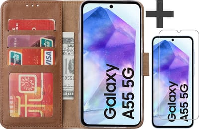 Hoesje met Screenprotector Geschikt voor Samsung Galaxy A55 – Arara bookcase met pasjeshouder - Bruin