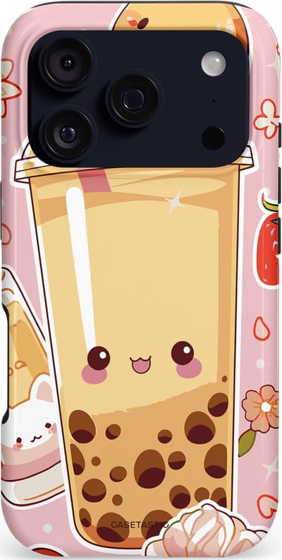 Casetastic hoesje geschikt voor Apple iPhone 17 Pro - MagSafe - Dubbellaagse bescherming - Kawaii Thee Design - Bubble Tea - Fashion Case - Lichtroze Beige Perzik Lichtgrijs
