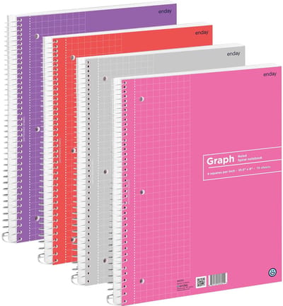 Spiraal Notitieblok, Vierkant Geruit, 100 Vellen, Set van 12 in Blauw, Zwart, Geel en Groen