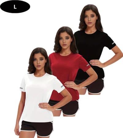 Livano Sportshirt Dames - Sport - Fitness - Compressie Shirt - Corrigerend Hemd - Sportkleding - Vrouwen - 3 Stuks - Zwart + wit + rood - L