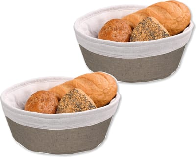 Kesper Broodmandje met stof - 2x - katoen/peva - bruin - rond - D25 x H9 cm - serveermandje