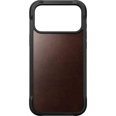 Nomad Horween Rugged lederen hoesje iPhone 17 Pro Max – Verhoogde hoekbumpers voor camara bescherming – Geïntegreerde saffierkristal knop – Gemaakt van 50% gerecycled polycarbonaat - Bruin