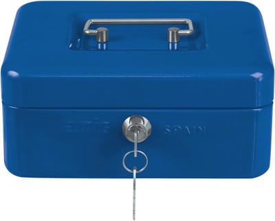 Geldcassette voor bankbiljetten en munten met muntenhouder en sleutels - Blauw - 250 x 180 x 90 mm