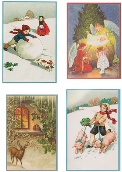 Nostalgische kerstkaarten - 4 stuks - Franz Josef - Klassieke Vintage afbeeldingen - Winter - Sneeuw - Feestelijk - Jaarwisseling - Oude Brocante kerstkaarten 15X10,5 en 14X9