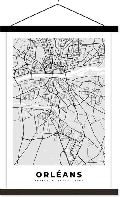Posterhanger incl. Poster 40x60 cm - Schoolplaat - Kaart - Stadskaart - Frankrijk - Orléans - Plattegrond - Textielposter - Zwarte latten - Stadskaart