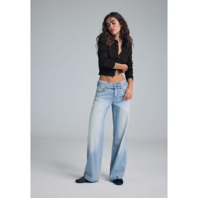 Stradivarius Wide-leg jeans met dubbele taille  LICHTE MIDDENBLAUWE DENIM WASSING 34