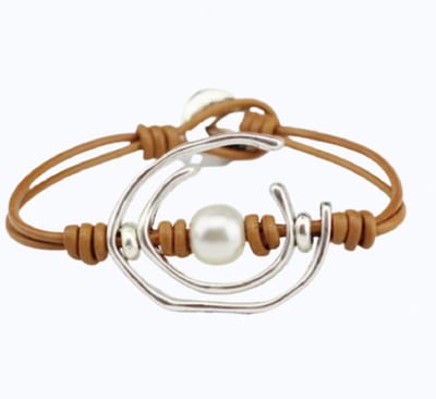 Armband- Leer- Metaal- synthetische Parel 18 cm - Charme Bijoux