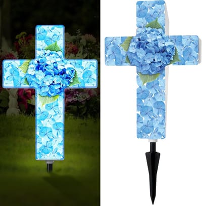 Blauwe Hortensia Solar Bloemen Paal Licht voor Tuin en Begraafplaats - Automatisch LED Herdenkingskruis