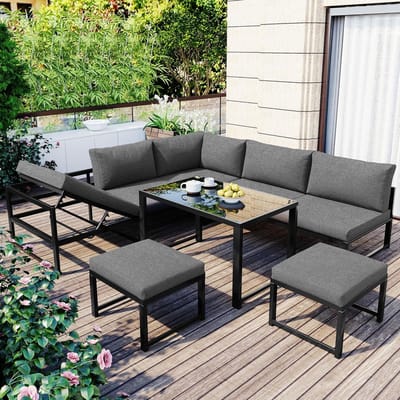 Tuinmeubelset 5 Personen Aluminium Lounge Set met Verstelbare Rugleuning, Inclusief Kussens en Salontafel – Modern Grijs Buitenmeubilair voor Tuin, Balkon en Terras – 5-delige Loungeset Laura