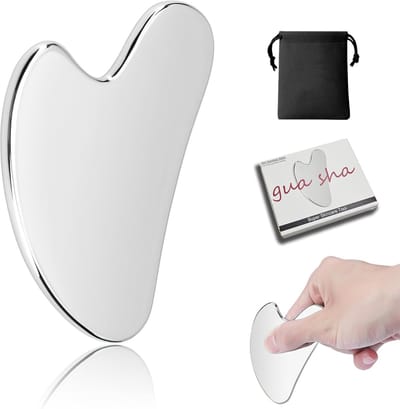 Gua Sha gezichtshulpmiddel, roestvrij staal, massage-schaaf en -schraper, lymfedrainage voor gezicht, ogen, nek, lichaam (Zilver)