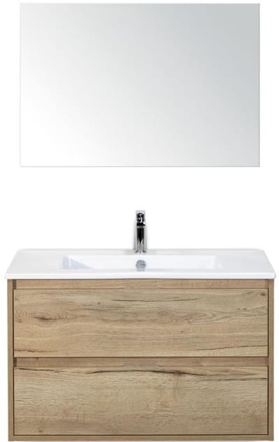 Porto Badmeubelset 90 cm - Natuur Eiken - Keramische Wastafel Wit Slim met Spiegel