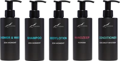 Compleet pakket Zen Moment - Shower & Wash + Shampoo + Bodylotion + Hamam Handzeep + Coconut conditioner - 300 ml per fles - complete set van 5 stuks - bodycare - luxe fles - Cadeau