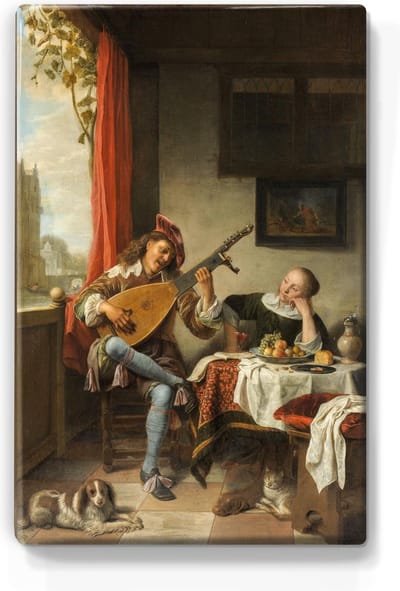 De luitspeler - Hendrick Martensz. Sorgh - 19,5 x 30 cm - Niet van echt te onderscheiden schilderijtje op hout - Mooier dan een print op canvas - Laqueprint.