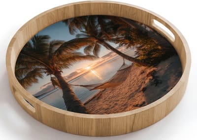 Dienblad rond 40x40 cm - Schootdienblad hout - Palmbomen - Hangmat - Strand - Zonsondergang - Borrelplank rechthoek - Plateau houten dienbladen