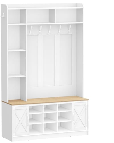 Schoenenkast-Kapstok met schoenenrek-entree kapstok met LED-verlichting-15 open planken-kapstok met verstelbare planken, 7 haken-Wit En Geel.