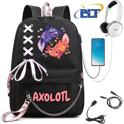 Schattige Axolotl bedrukte studentenschooltas voor meisjes zwarte rugzak usb kindertas casual tas terug naar school cadeau