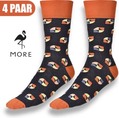 More Fashion - Elegante Heren Sokken Maat 39 40 41 42 - 4-Pack - Leuke Print - Kleurrijk Casual Extravagant - 65% Katoenen Sokken - Navy Blauw Oranje - MADE IN EU