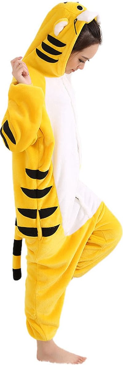 Gele Tijger Onesie Pak Kostuum Outfit Huispak Jumpsuit Verkleedpak - Verkleedkleding - Halloween & Carnaval - SnugSquad - Kinderen & Volwassenen - Unisex - Maat S voor Lichaamslengte (141 - 155 cm)