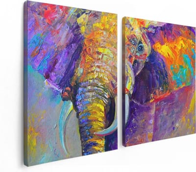 Artaza Canvas Schilderij Tweeluik Olifant Van Olieverf - Kleur - Abstract - 120x80 - Foto Op Canvas - Canvas Print