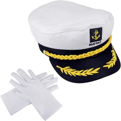 Verstelbare marineblauwe pet met witte details en handschoenen voor carnaval kostuum accessoires voor kinderen en volwassenen, ideaal voor themafeesten en verkleedpartijen