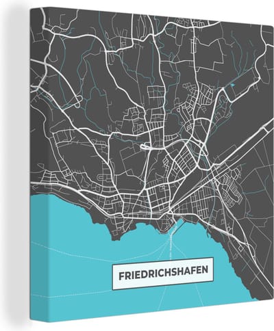 Canvas Schilderij Duitsland – Blauw – Friedrichshafen– Stadskaart – Kaart – Plattegrond - 20x20 cm - Wanddecoratie