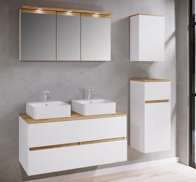 VCM 6-tlg. Doppelwaschtisch Cosila mit 2 Keramikbecken – Badschrank H. 51 x B. 111 x T. 51 cm mit 2 Softclose-Schubladen, Spiegelschrank mit Beleuchtung & Steckdose, Midi und Hängeschrank, Waschplatz Set Cosila-A