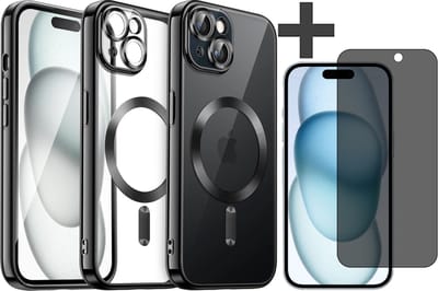 Hoesje met Privacy Screenprotector Geschikt voor iphone 15 Plus Hoesje - Geschikt voor MagSafe - Arara siliconen Backcover - Zwart