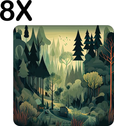 Luxe Placemat - Getekend Groen Bos Landschap - Set van 8 Placemats - 50x50 cm - 2 mm dik Vinyl - Anti Slip - Afneembaar
