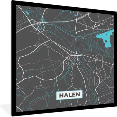 Fotolijst incl. Poster - Plattegrond – Halen – Blauw – Stadskaart - Kaart - 40x40 cm - Posterlijst