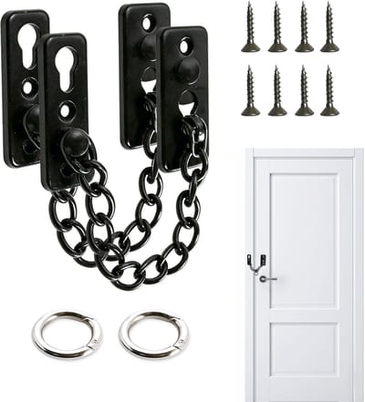 2 stuksDeurketting, roestvrijstalen veiligheidsketting met schroeven en gespen, veiligheidsslot voor huisdeuren met veerbelaste vergrendeling, veiligheidsketting voor toiletdeuren, schuurdeuren, schuttingdeuren, binnendeuren en ramen(zwart)| Cyslmuk®